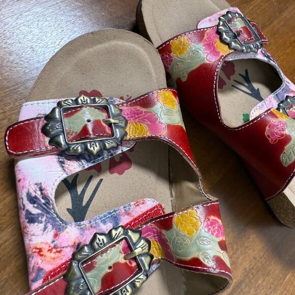 L'ARTISTE COLORFUL LEATHER WEDGE HEEL SANDALS (sz 39) NWOT - Picture 4 of 7